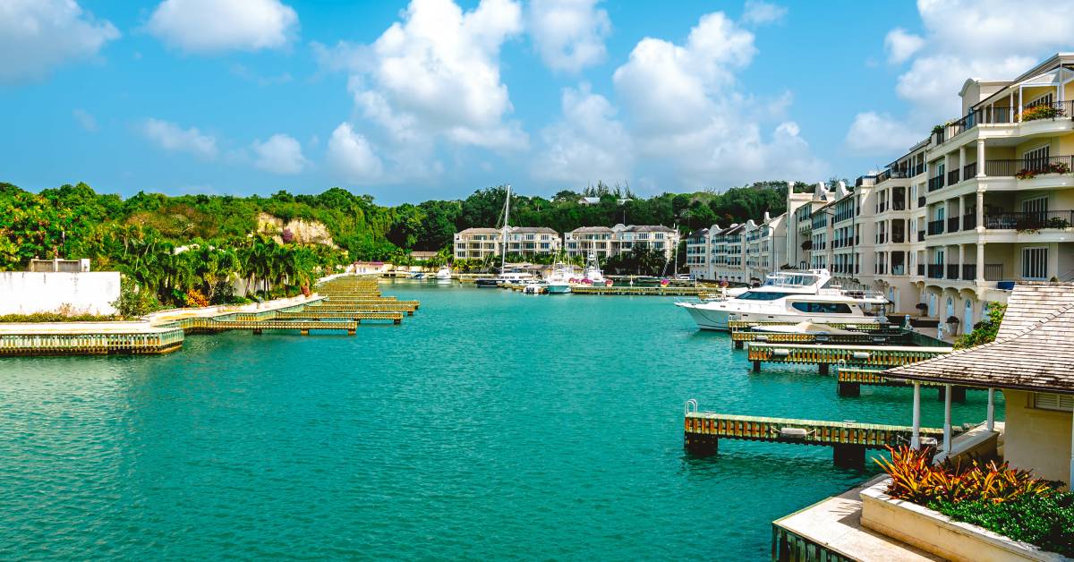 A Barbados port filled with docks and several boats. There are apartments nearby and the port is surrounded by trees.